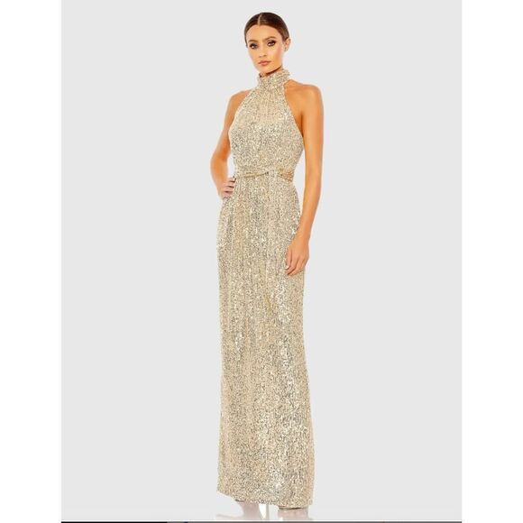 Ieena for Mac Duggal Gold Sequined Halter Neck Belted Soft Tie Gown - 4 - NWT - Picture 1 of 5